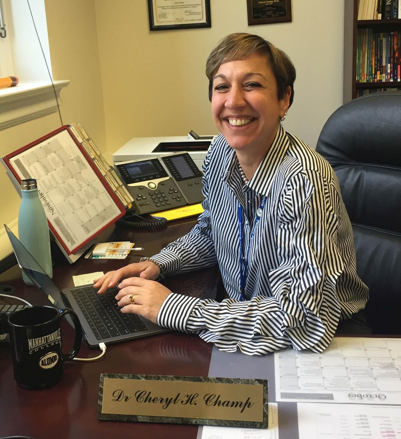 Superintendent Champ, in her new office, prepares for the challenges that face the Pelham Union Free School District.