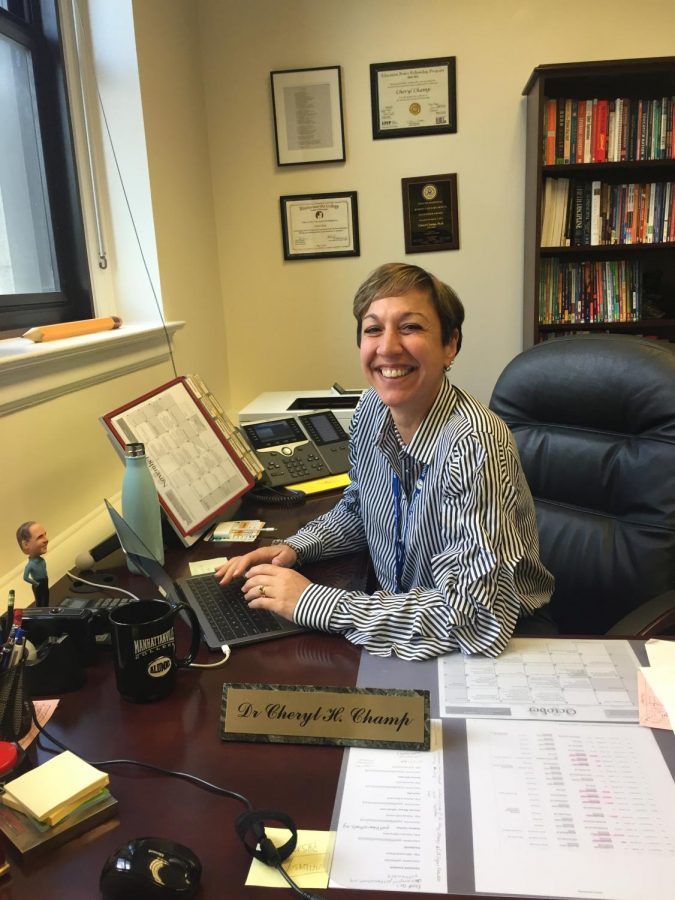 Superintendent Champ, in her new office, prepares for the challenges that face the Pelham Union Free School District.