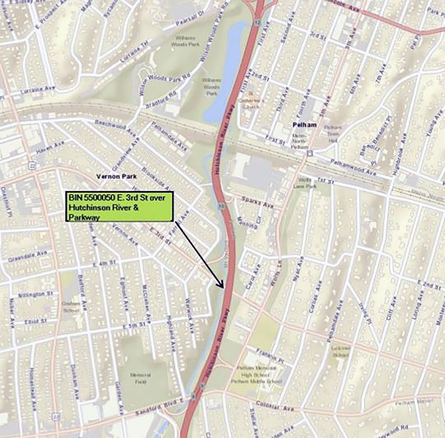 The graphic above depicts the location of the E. 3rd St. Bridge over Hutchinson River & Parkway.
