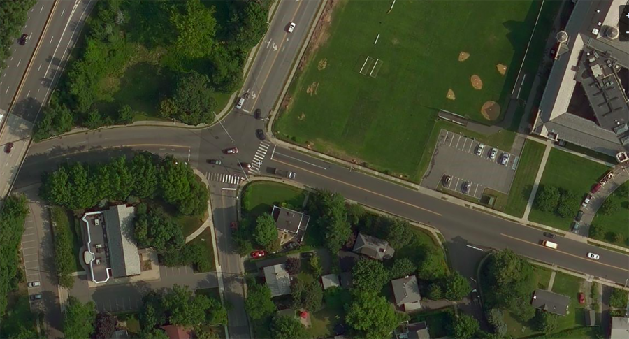 Bird’s-eye view of the car collision outside of the high school in the intersection of Wolfs Lane and Colonial Avenue. 