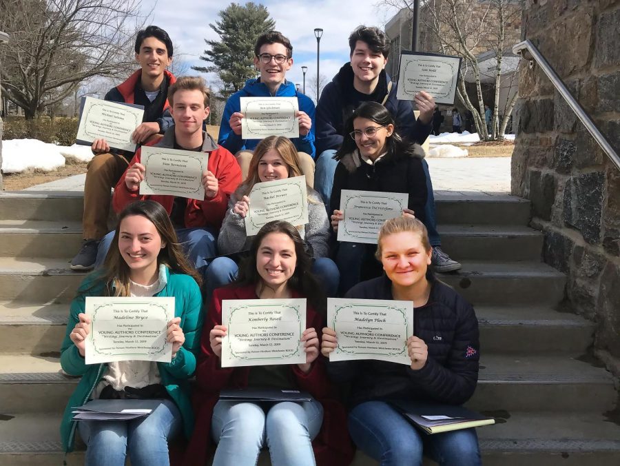(front row, l to r) Madeline Brice, Kim Rosell, Madelyn Ploch, (2nd row, l to r) Daniel Bernstein, Rachel Brewer, Francesca Di Cristofano, (back row, l to r) Michael Salama, Ben Gickman and Sam Rodd attended the 2019 Young Authors Conference where the aim was to understand that the power of writing comes from the process as well as the product.