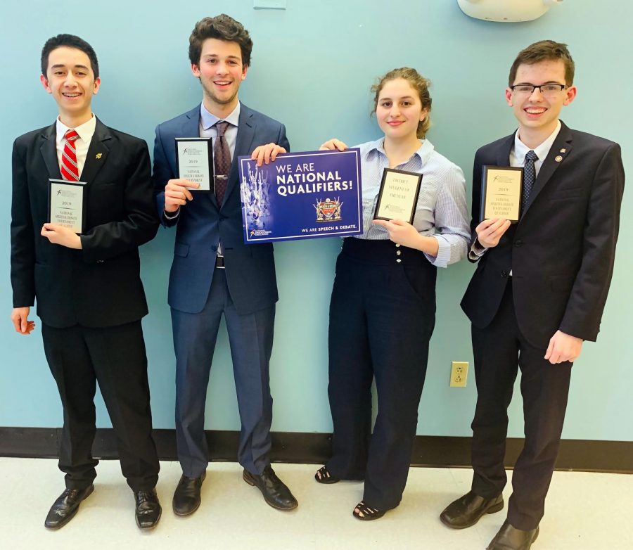 (from l to r): Sophomore Issac Blackburn,
senior Henry Driesen, sophomore 
Rebecca Jacobson, and junior Nick Lieggi will compete against the top orators in the country at the National Championship in Dallas.