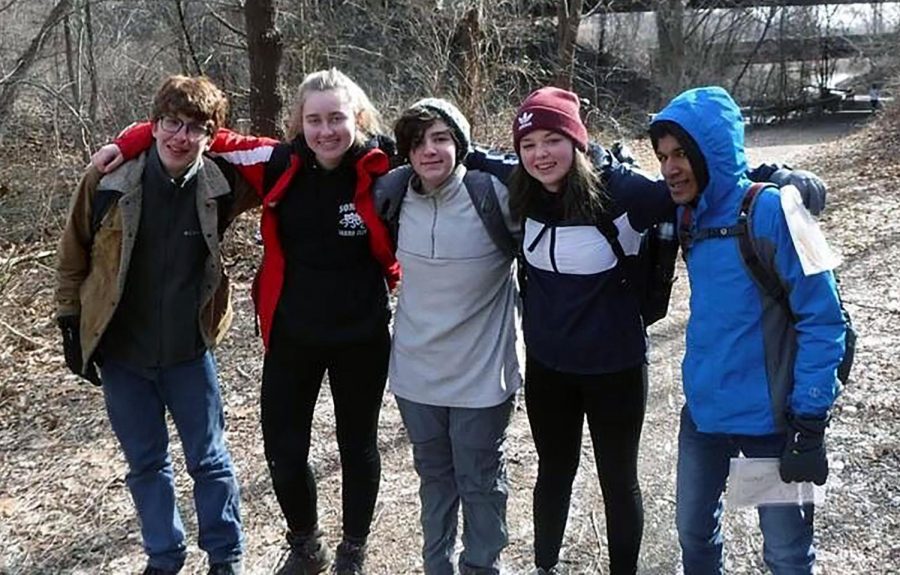 (l to r): Alumni Ben Jones, Pelham resident 
Lindsey Jade Marsigliano, seniors Max Giantelli, Ciara Lawless, and sophomore Sanjay Seecharran 
have taken scouting to the next level with their outdoor group.