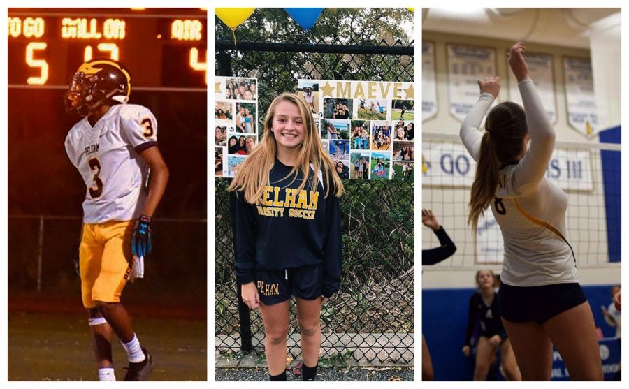 (l to r) Joel Hawthorne surveys the lower field, Maeve Parmelee commemorates her final game as a Pelican, and Peri Zale jumps for a spike in her final season as a Pelican.