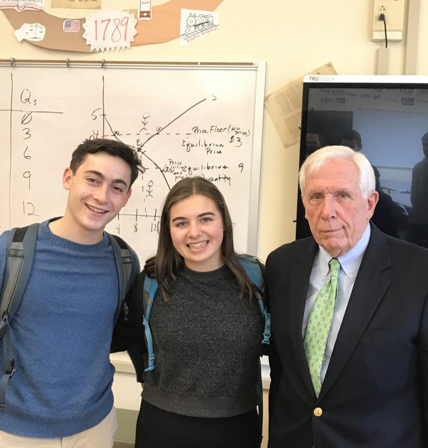 (l to r) Seniors Stephen Tahbaz and SJ O’Connor learn about congressional politics from Fformer 
Congressman Wolf.