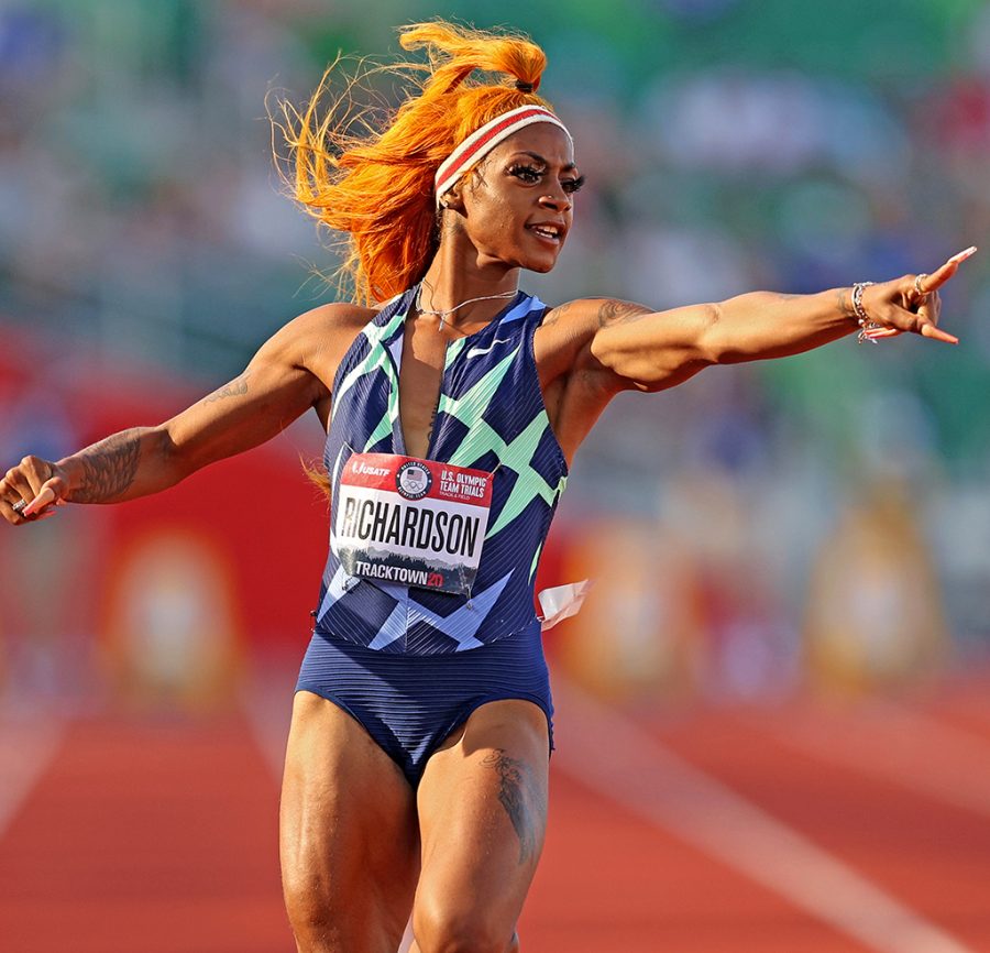 EUGENE, OREGON - JUNE 19: ShaCarri Richardson reacts after competing in the Womens 100 Meter Semi-finals on day 2 of the 2020 U.S. Olympic Track & Field Team Trials at Hayward Field on June 19, 2021 in Eugene, Oregon. (Photo by Patrick Smith/Getty Images)