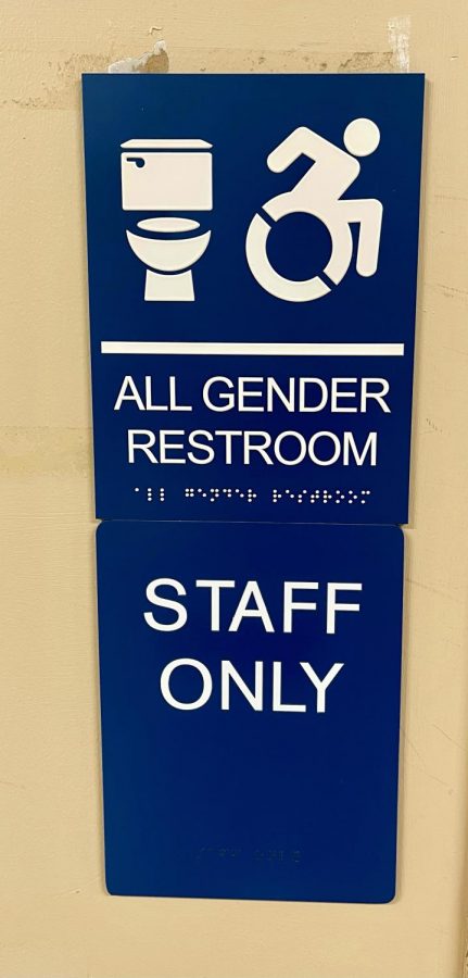 Signage has been posted to indicate gender neutral bathrooms, but two of the spaces are listed as staff only