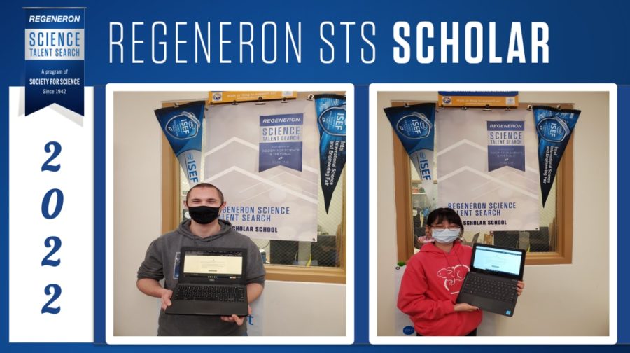 Seniors Andrew Kelly (l) and Ann Liu (r) put in more than 200 hours apiece to finish their award winning Regeneron projects.